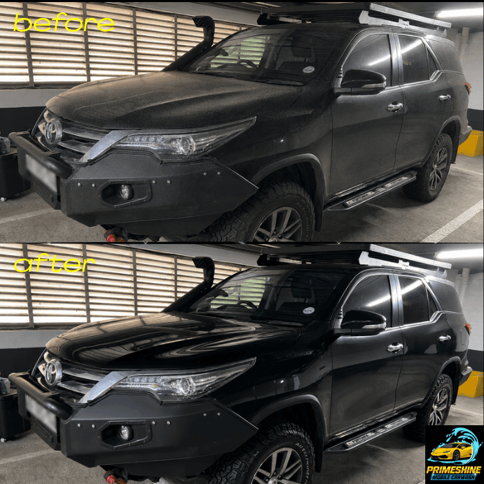 Before and after comparison of a dusty black SUV restored to a clean, shiny finish.