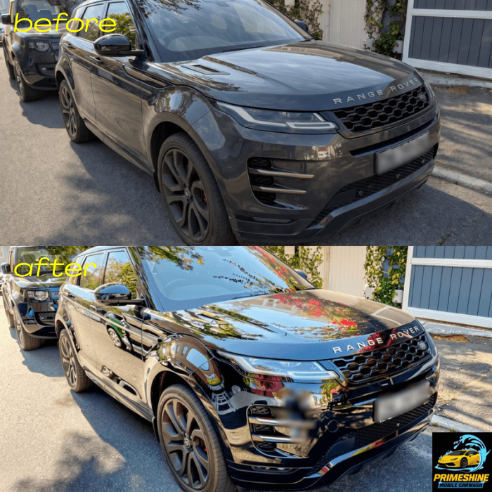 Before and after comparison of a black Range Rover showing a dull versus shiny, polished exterior.