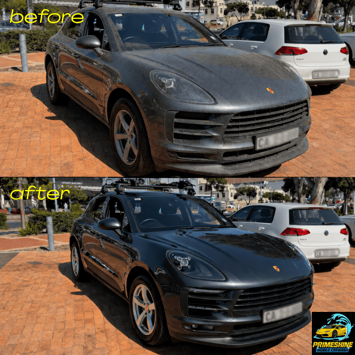 Comparison of a dusty black Porsche Macan before and after a thorough professional car wash.