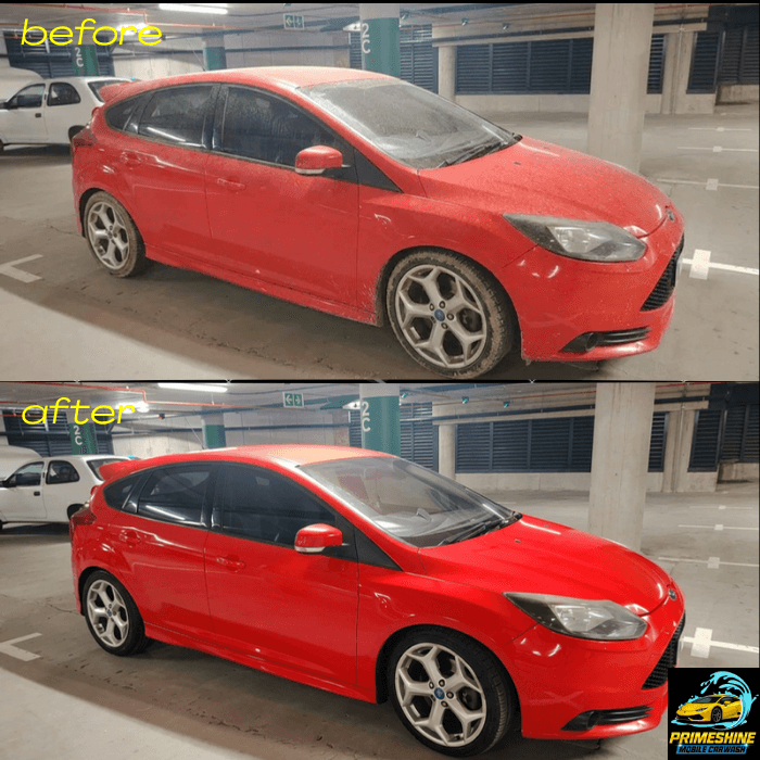 Before and after comparison of a dirty red car transformed into a clean, shiny vehicle.