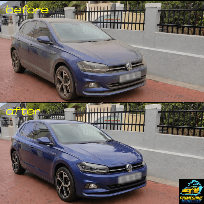Before and after comparison of a dirty blue Volkswagen Polo becoming clean and shiny.