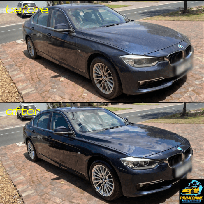 Before and after comparison of a dusty blue BMW transformed into a clean, shiny car.