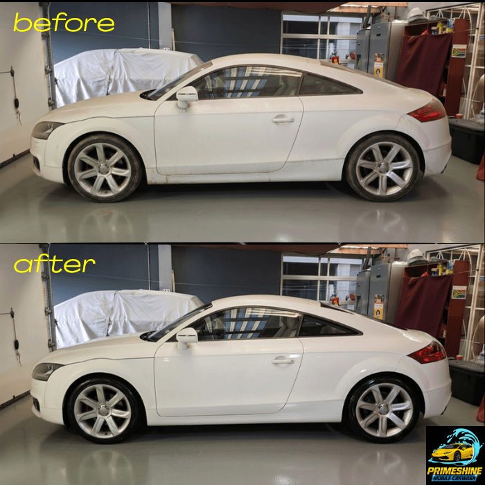 Before and after comparison showing a dirty white Audi TT transformed into a clean car.