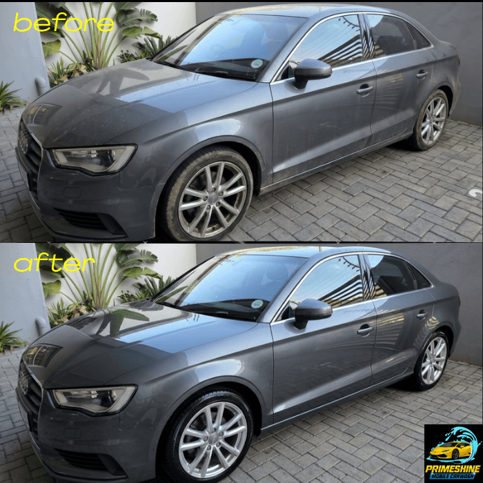 Before and after comparison of a dirty grey Audi sedan becoming clean and shiny.