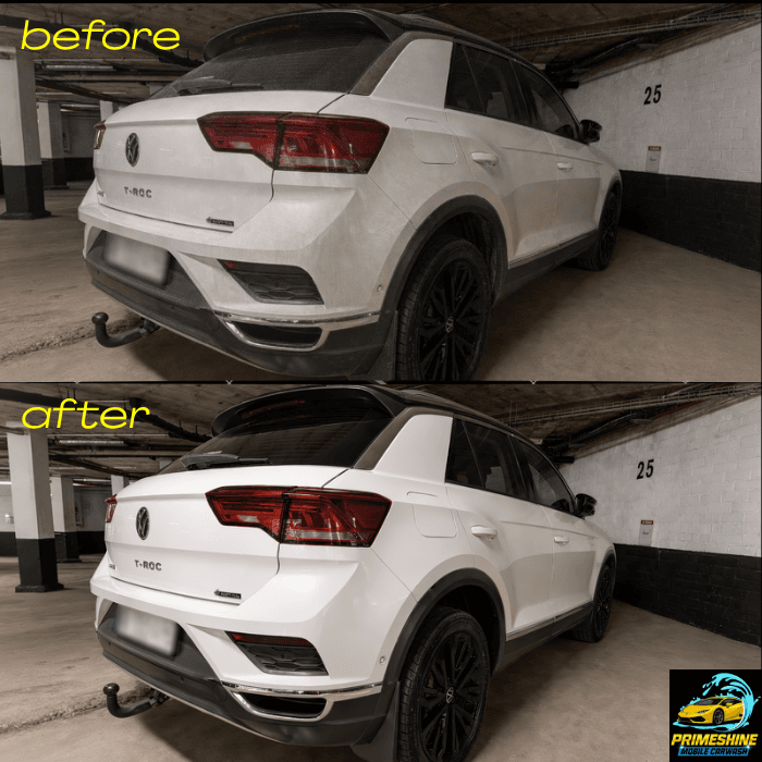 Before and after comparison of a dirty white Volkswagen T-Roc cleaned to a brilliant shine.