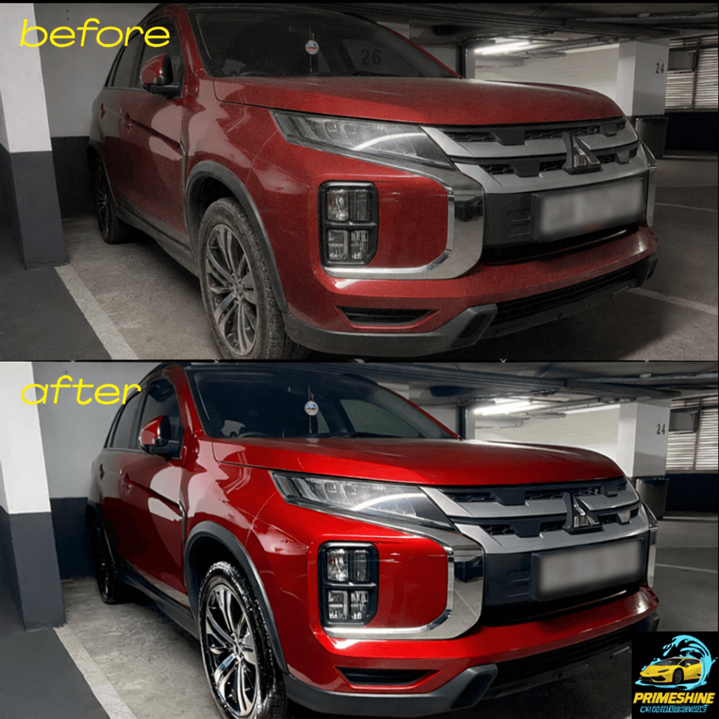 Before and after comparison of a dusty red Mitsubishi SUV restored to a shiny finish.