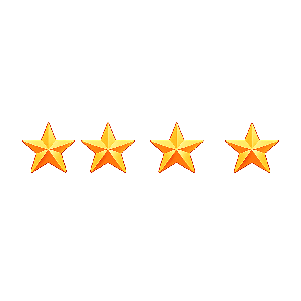 Four shiny golden stars arranged in a horizontal row against a plain white background.