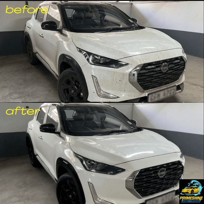 Before and after comparison of a dirty white Nissan SUV becoming clean and shiny.