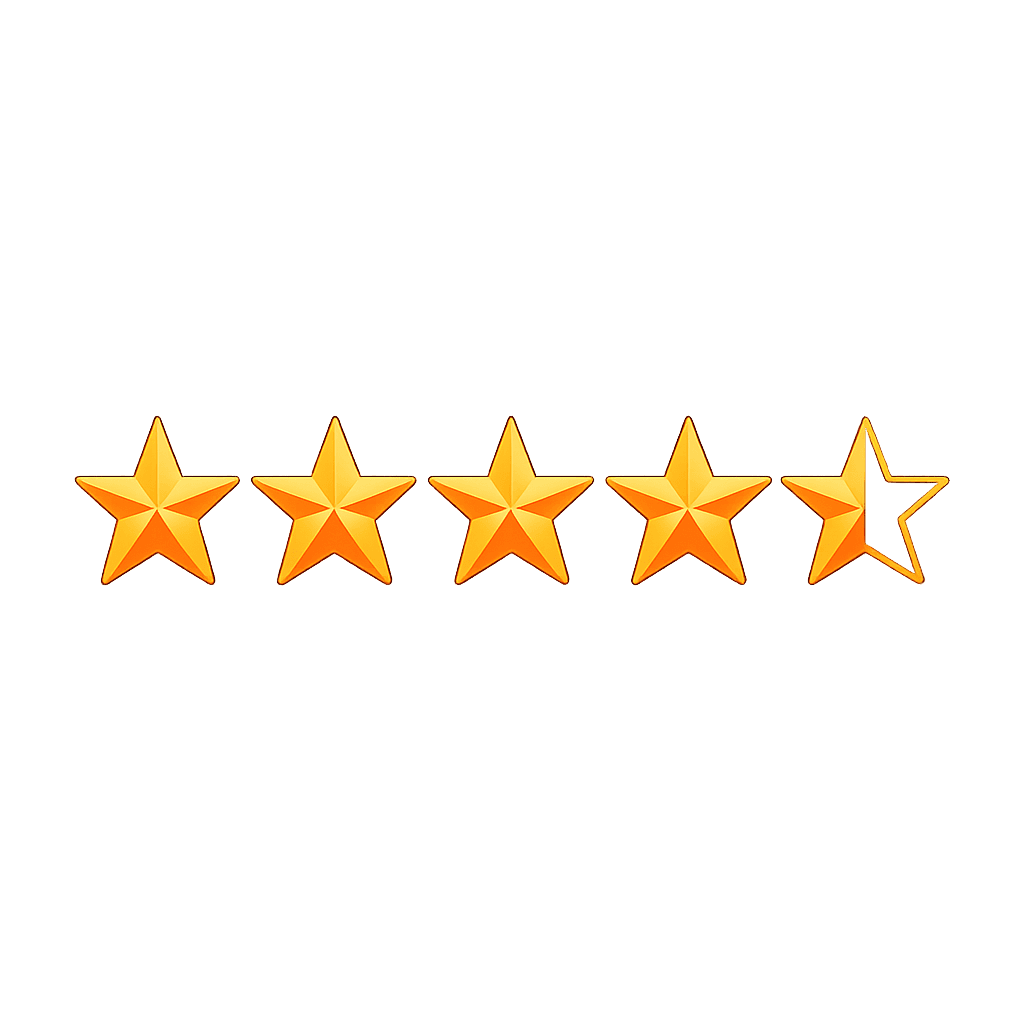 Four and a half gold stars in a row representing a high quality rating.