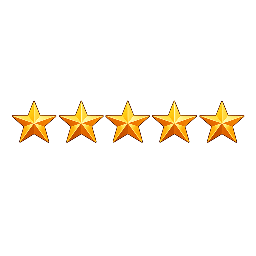 Five shiny golden stars arranged in a horizontal row against a plain white background.