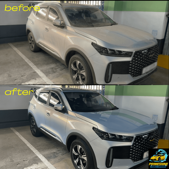 Before and after comparison of a dusty silver SUV transformed into a clean, shiny vehicle.