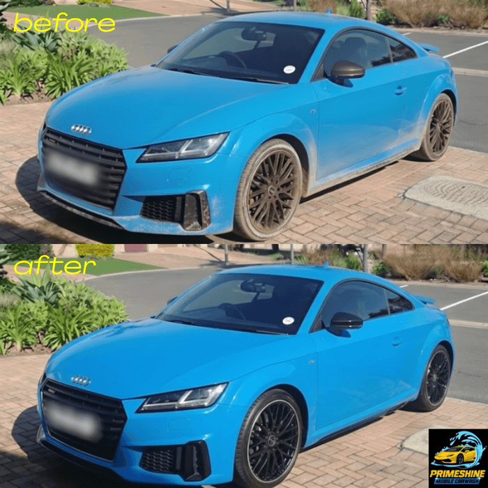 Before and after comparison of a dirty blue Audi TT becoming clean and shiny.