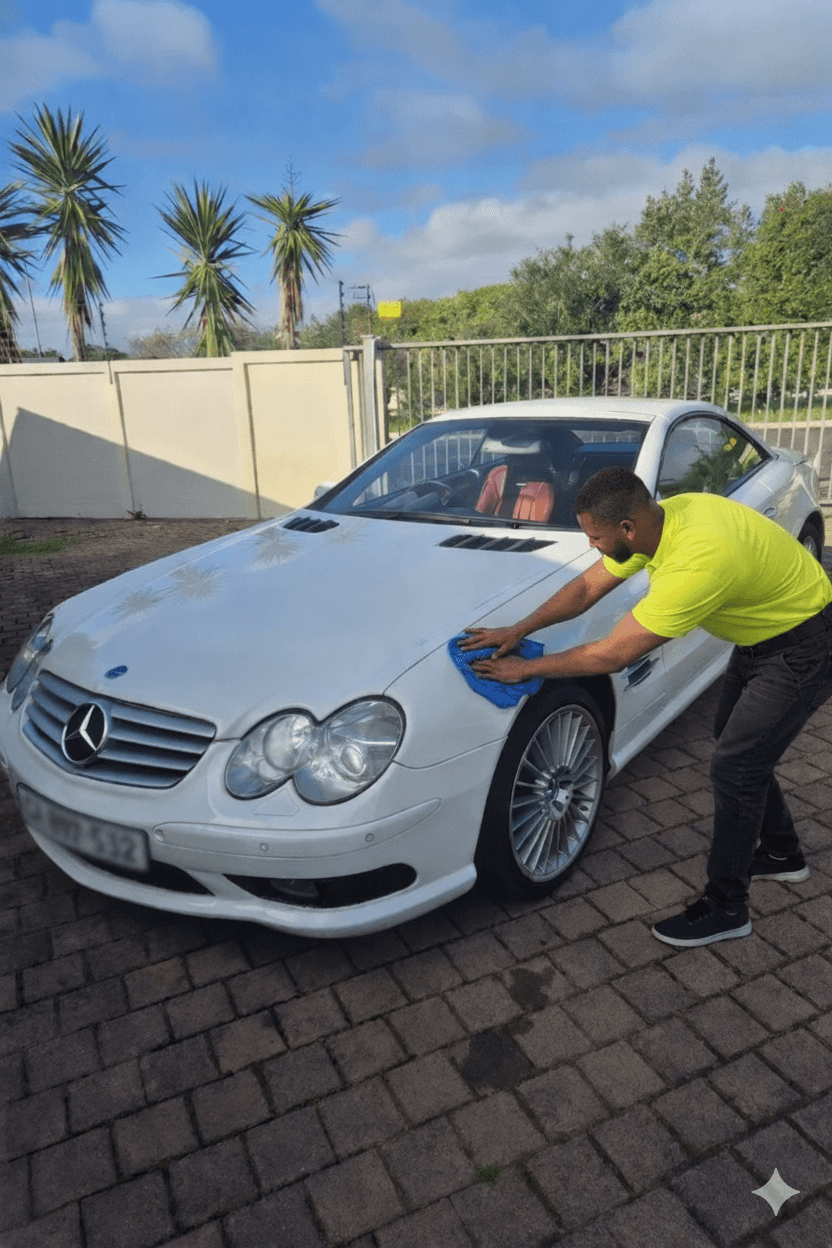 Man in a neon yellow shirt cleaning a white Mercedes-Benz with a blue cloth.