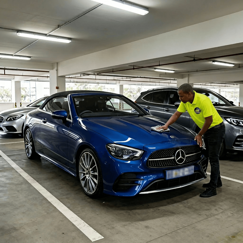 Man in yellow shirt cleaning a blue Mercedes convertible in a parking garage.