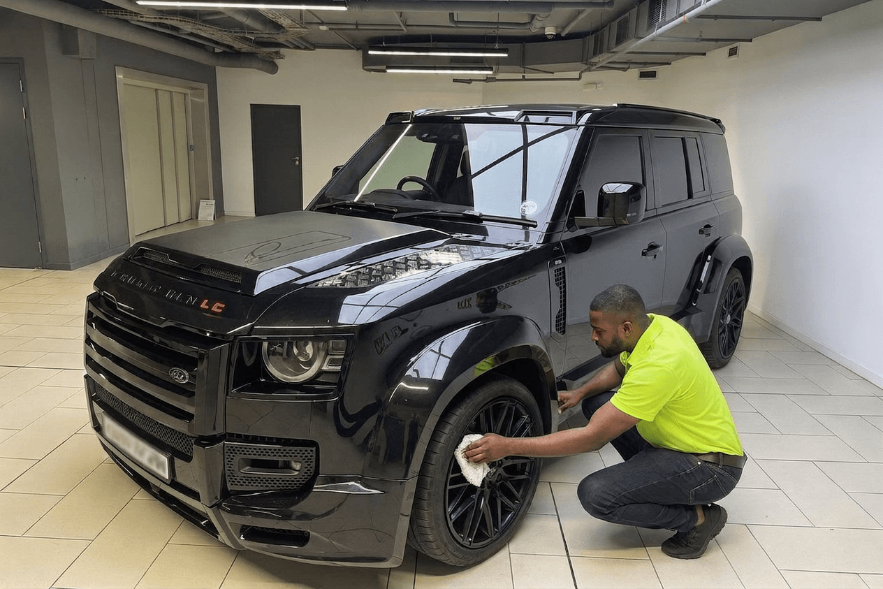 Man in a neon green shirt polishing the wheel of a black luxury SUV.