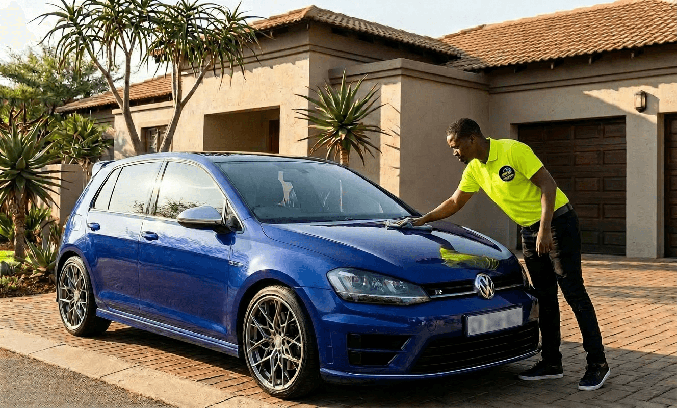 Man in a neon yellow shirt wiping the hood of a blue Volkswagen hatchback.