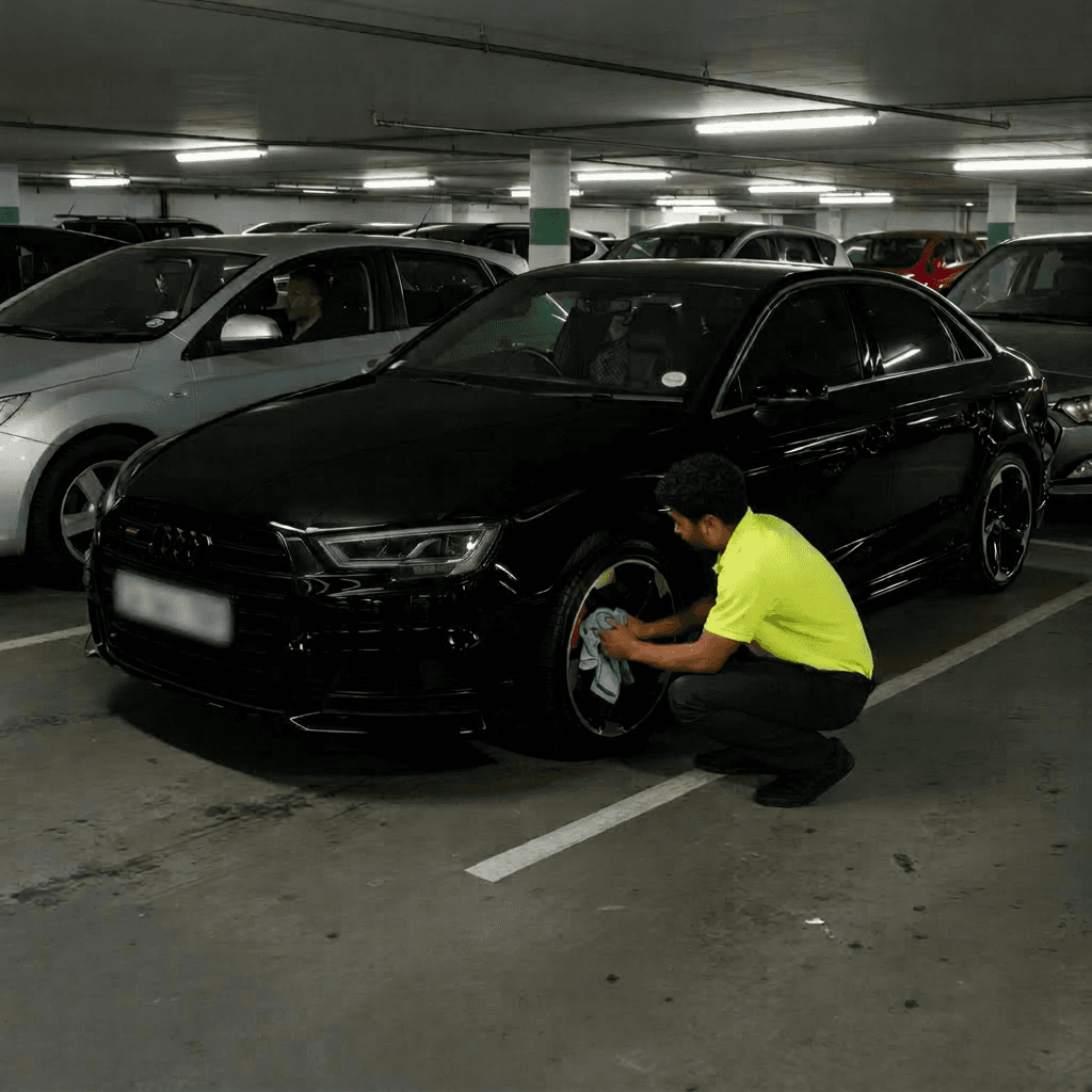 Man in neon shirt cleaning the wheel of a black Audi in a parking garage.