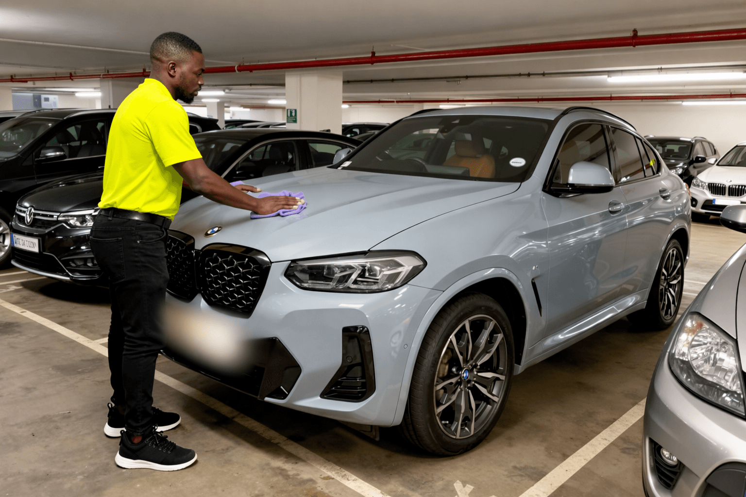 Man in yellow shirt wipes a light blue BMW SUV hood in a parking garage.