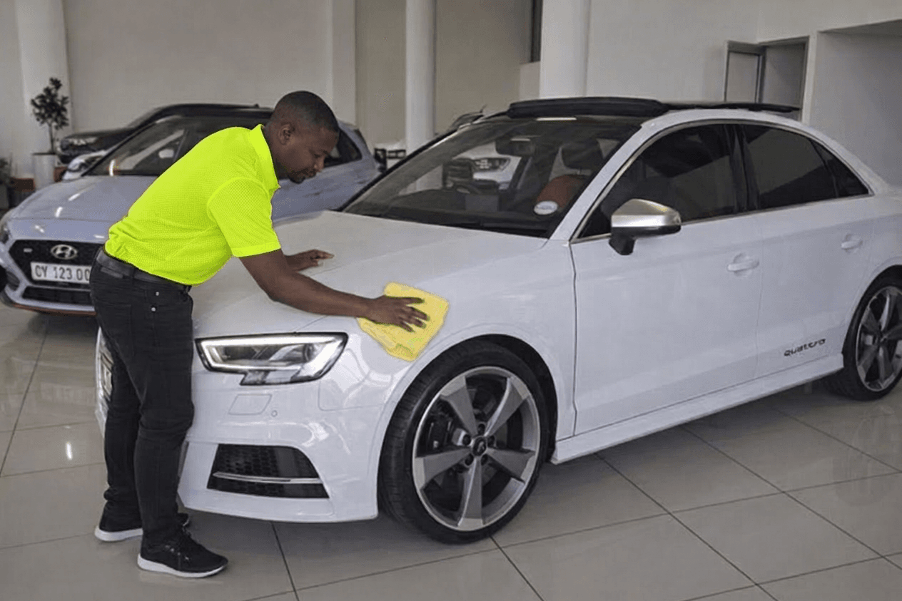 Man in a neon yellow shirt polishes a white Audi sedan in a car showroom.