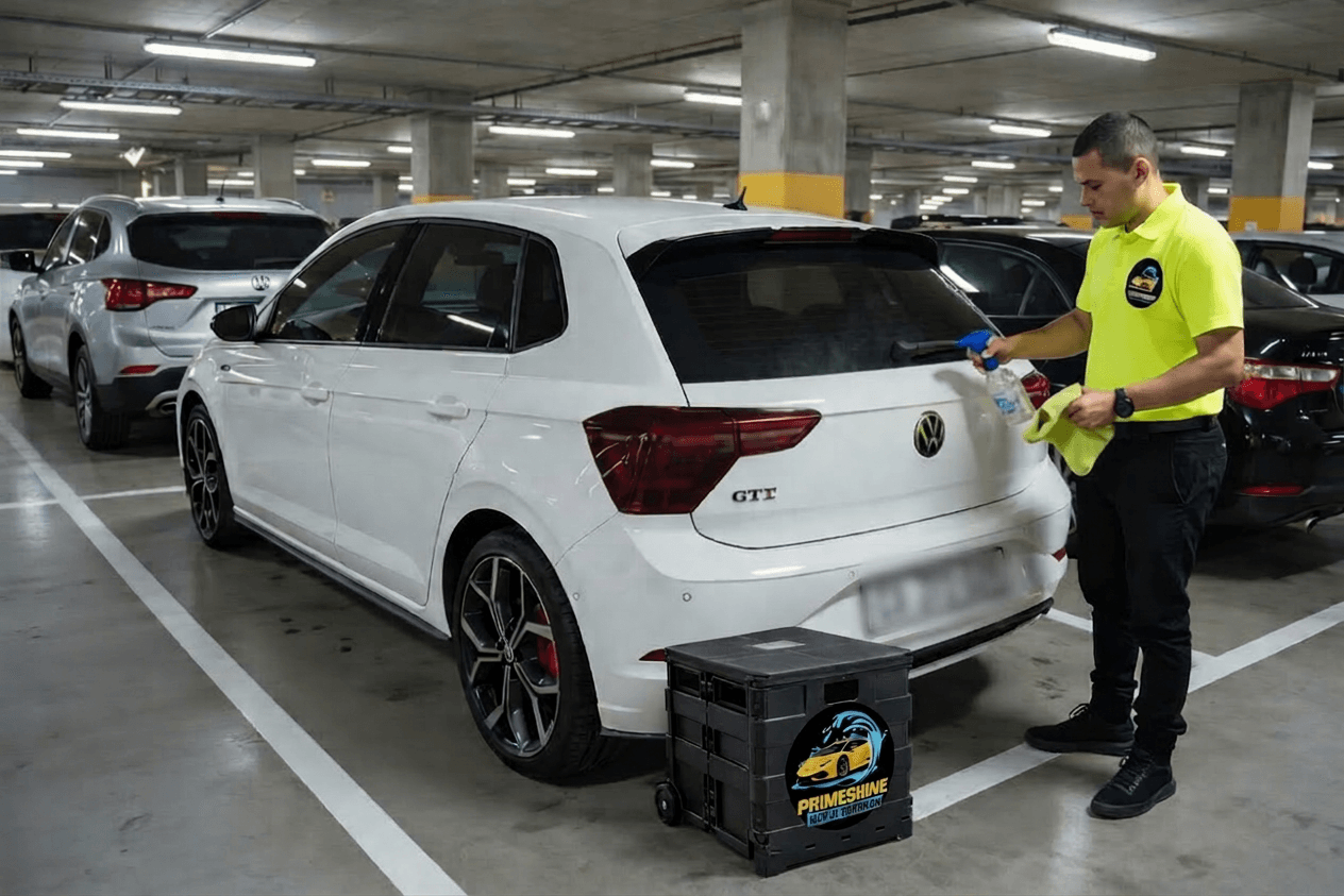 Man in yellow shirt spraying cleaner on a white car in a parking garage.