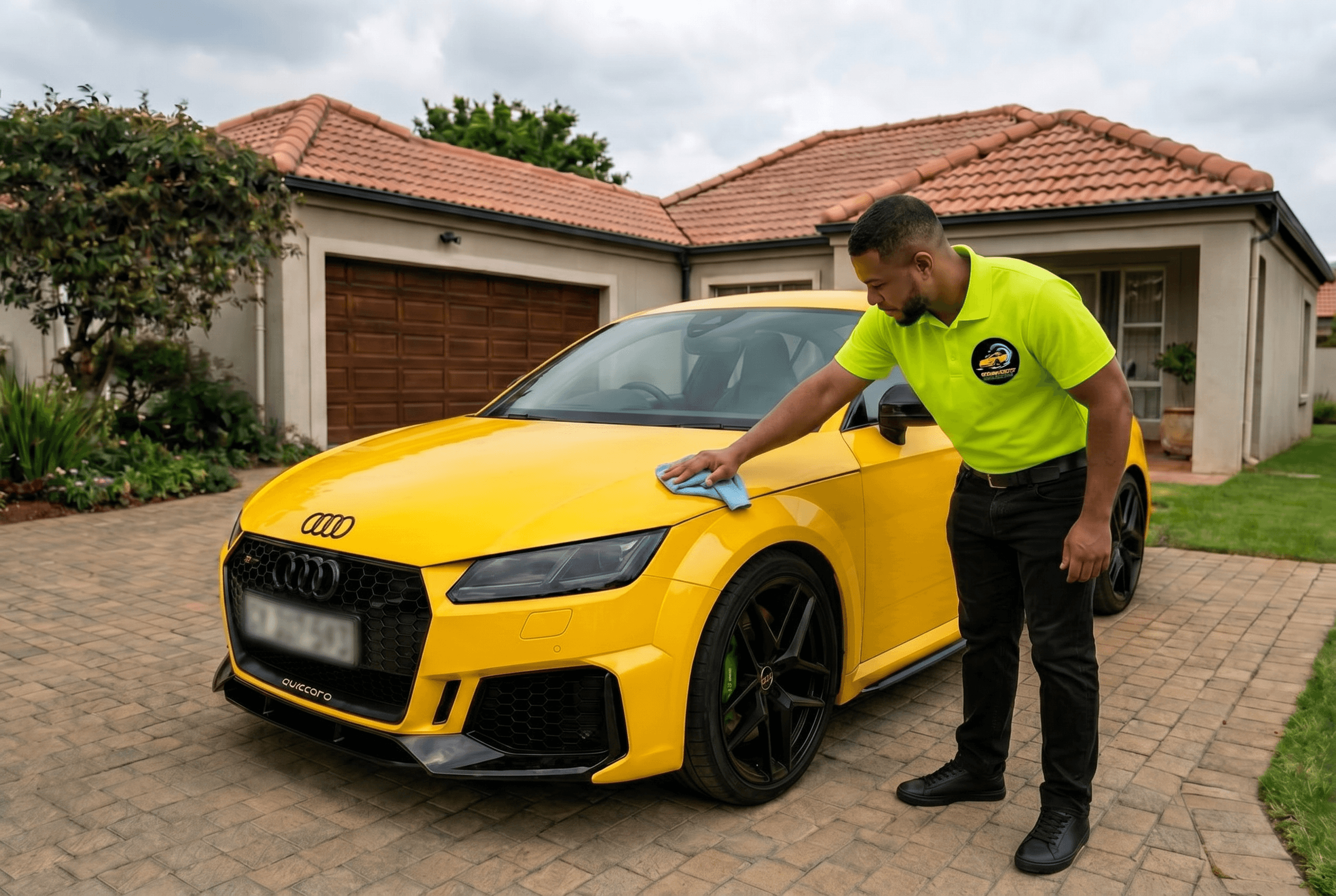 Man in neon shirt cleaning a yellow Audi sports car on a paved driveway.