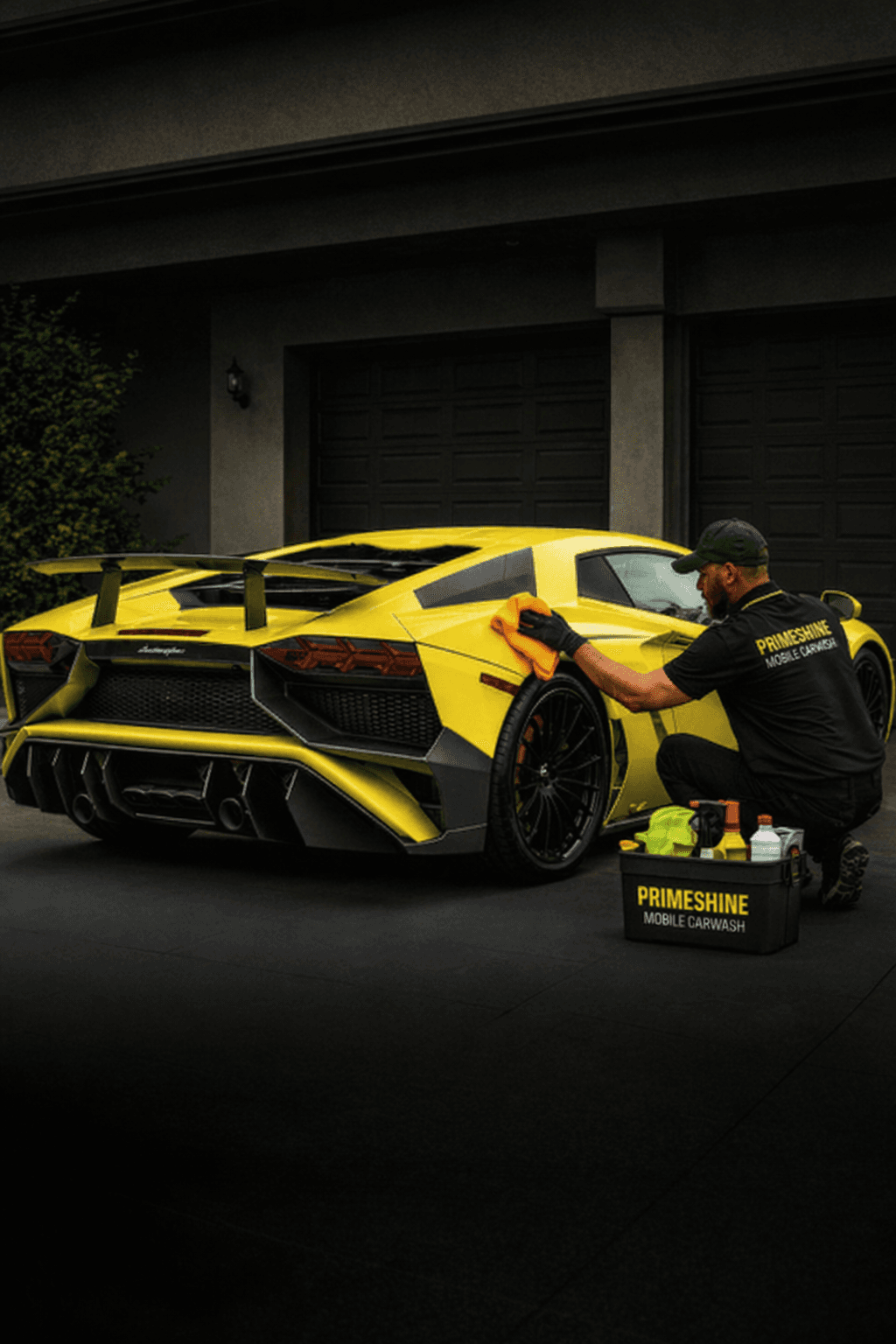 A professional detailer wipes down a bright yellow Lamborghini sports car with a microfiber cloth.