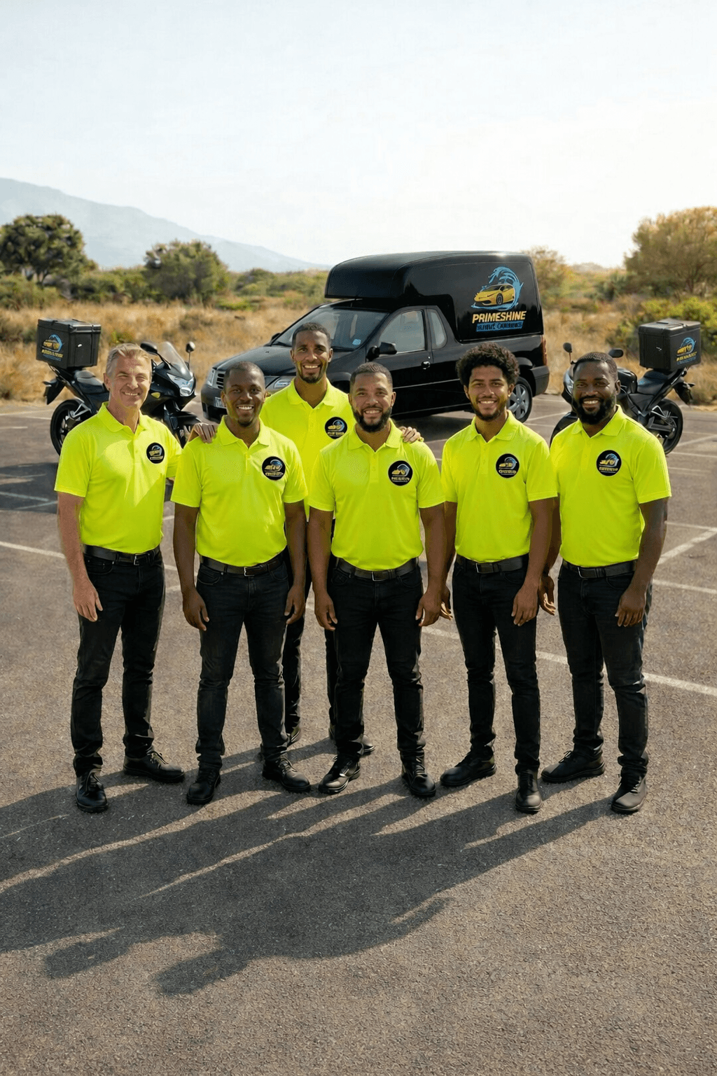 Six men in neon yellow uniforms pose before a black Primeshine van and two motorcycles.