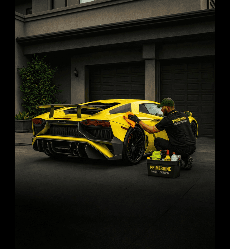 A professional detailer wipes down a bright yellow Lamborghini Aventador in a dark residential driveway.