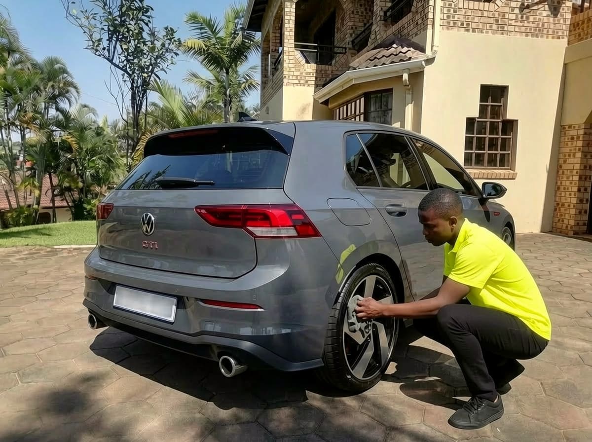 Man in yellow shirt cleaning the wheel of a grey Volkswagen Golf GTI on driveway.