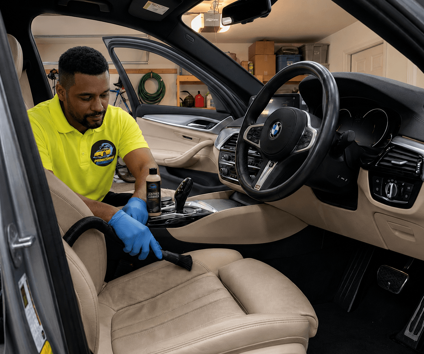 Man in a yellow shirt and blue gloves vacuums a car's beige leather seat.