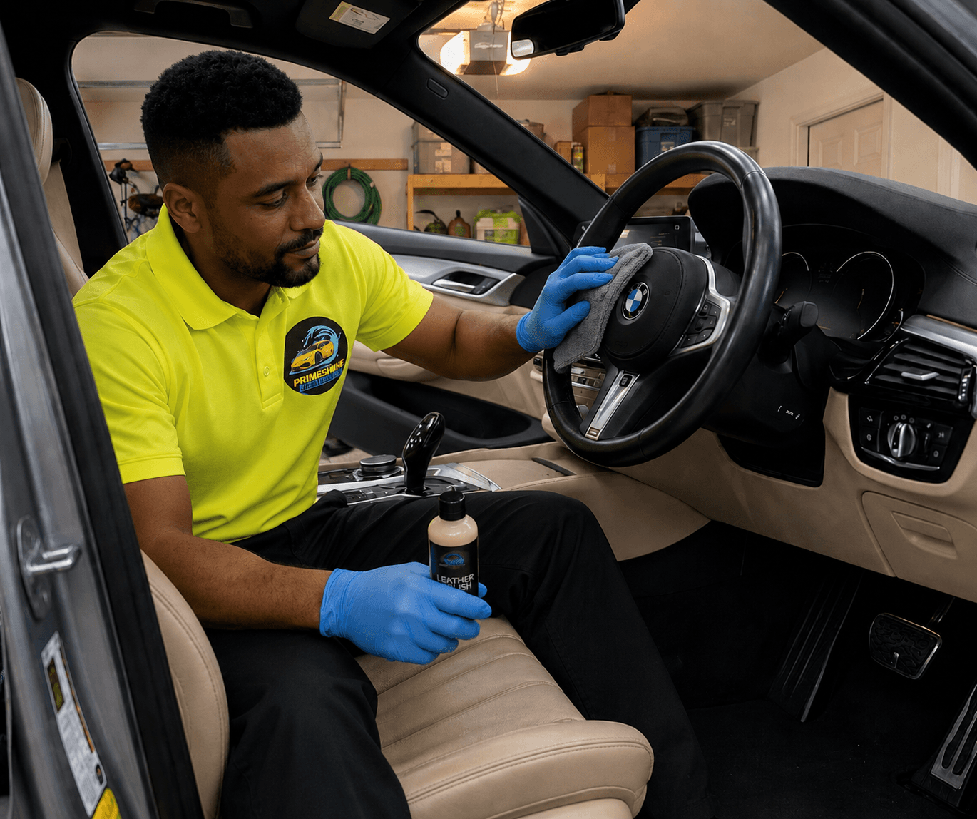 Man in yellow polo cleans a BMW steering wheel with leather polish and a cloth.