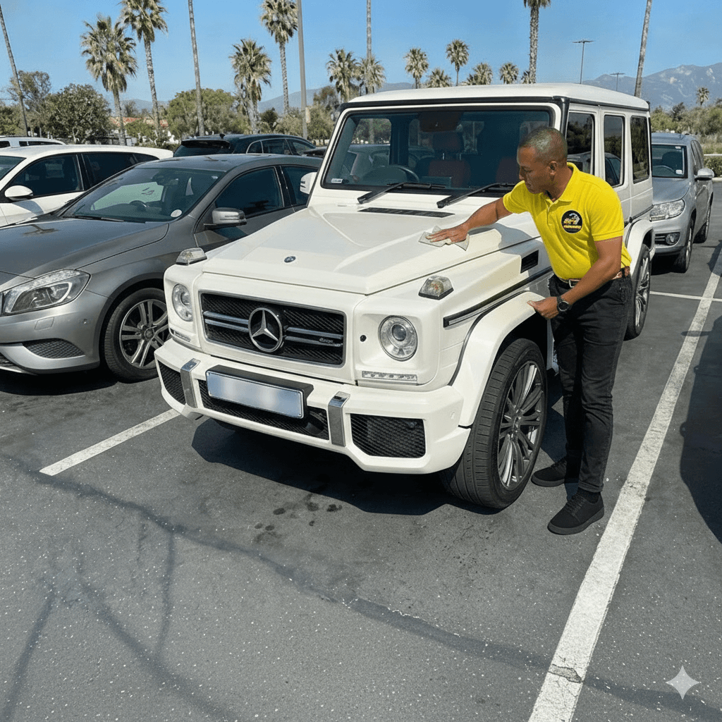 Man in a yellow shirt cleaning the hood of a white Mercedes-Benz G-Class SUV.
