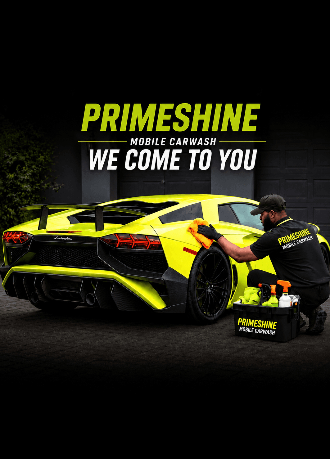Professional detailer cleaning a yellow Lamborghini for Primeshine Mobile Carwash, "We Come To You".