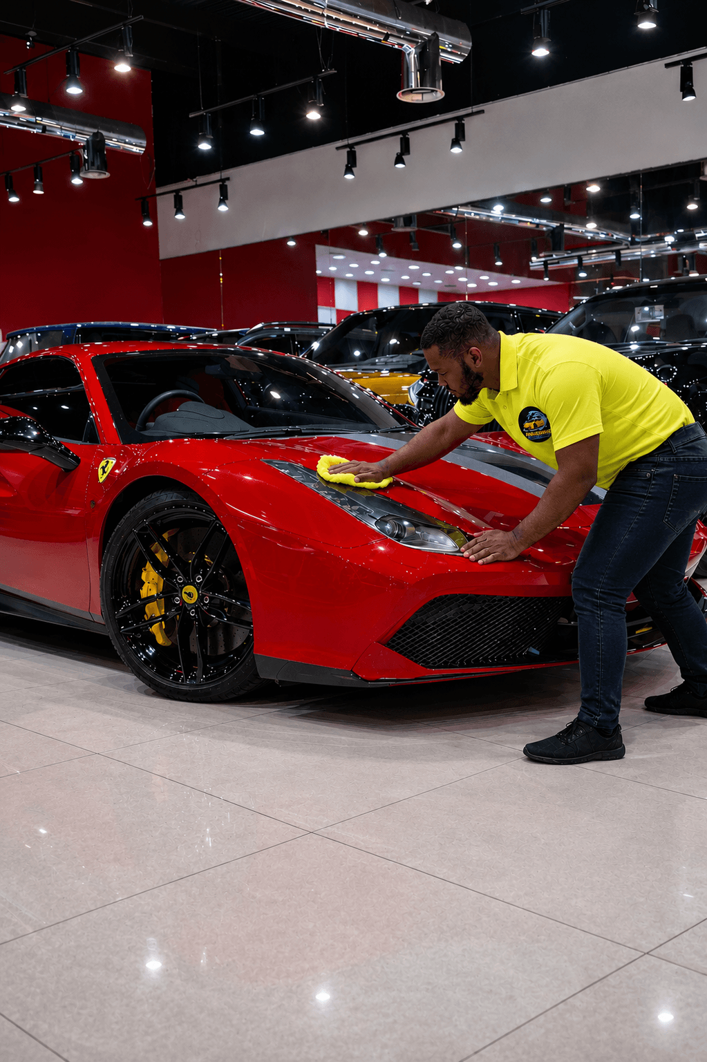 Man in a yellow polo shirt cleaning a red Ferrari inside a luxury car showroom.