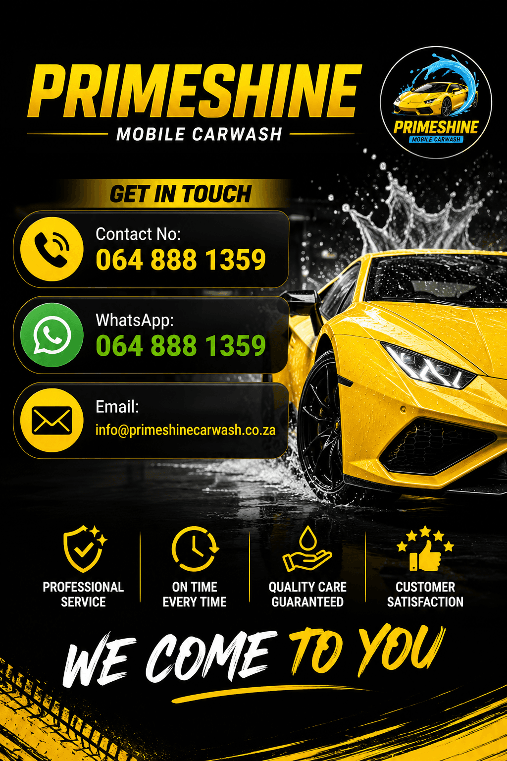 PrimeShine Mobile Carwash advertisement with a yellow sports car, contact details, and service guarantees.
