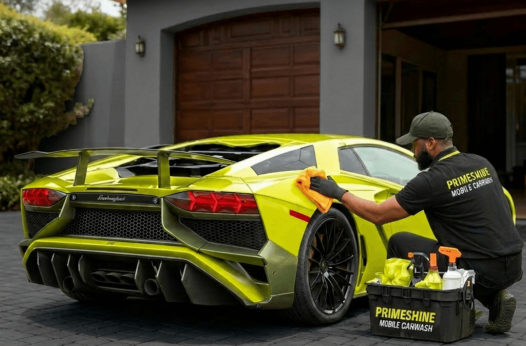 A professional detailer cleaning a lime green Lamborghini Aventador SVJ with a yellow microfiber cloth.