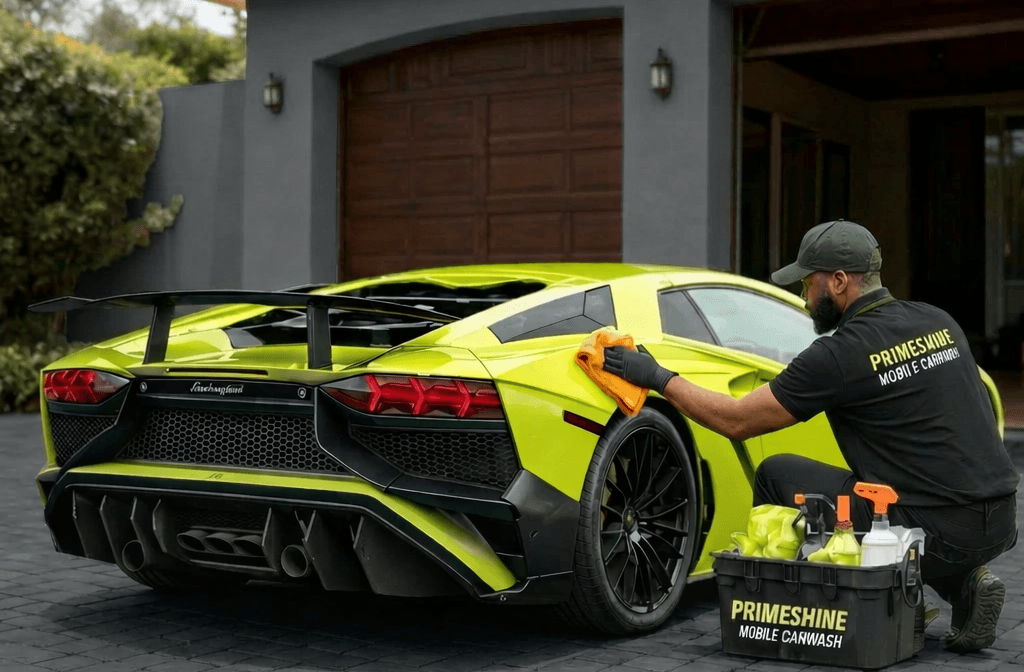 Man in black uniform detailing a lime green Lamborghini with a yellow microfiber towel.