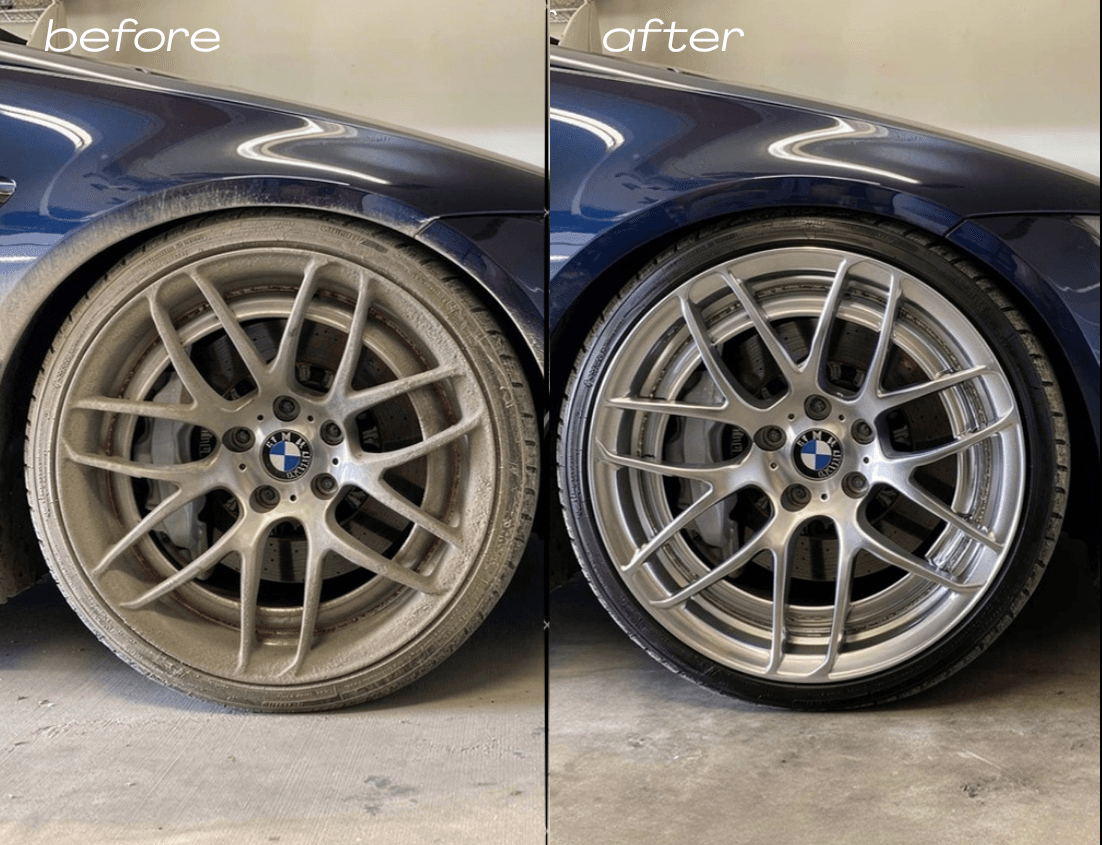 Side-by-side comparison of a dirty BMW wheel and a clean, shiny silver wheel.