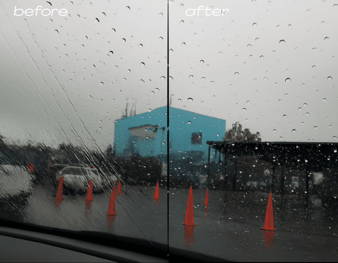 Before and after comparison of rain sheeting versus beading on a treated car windshield.