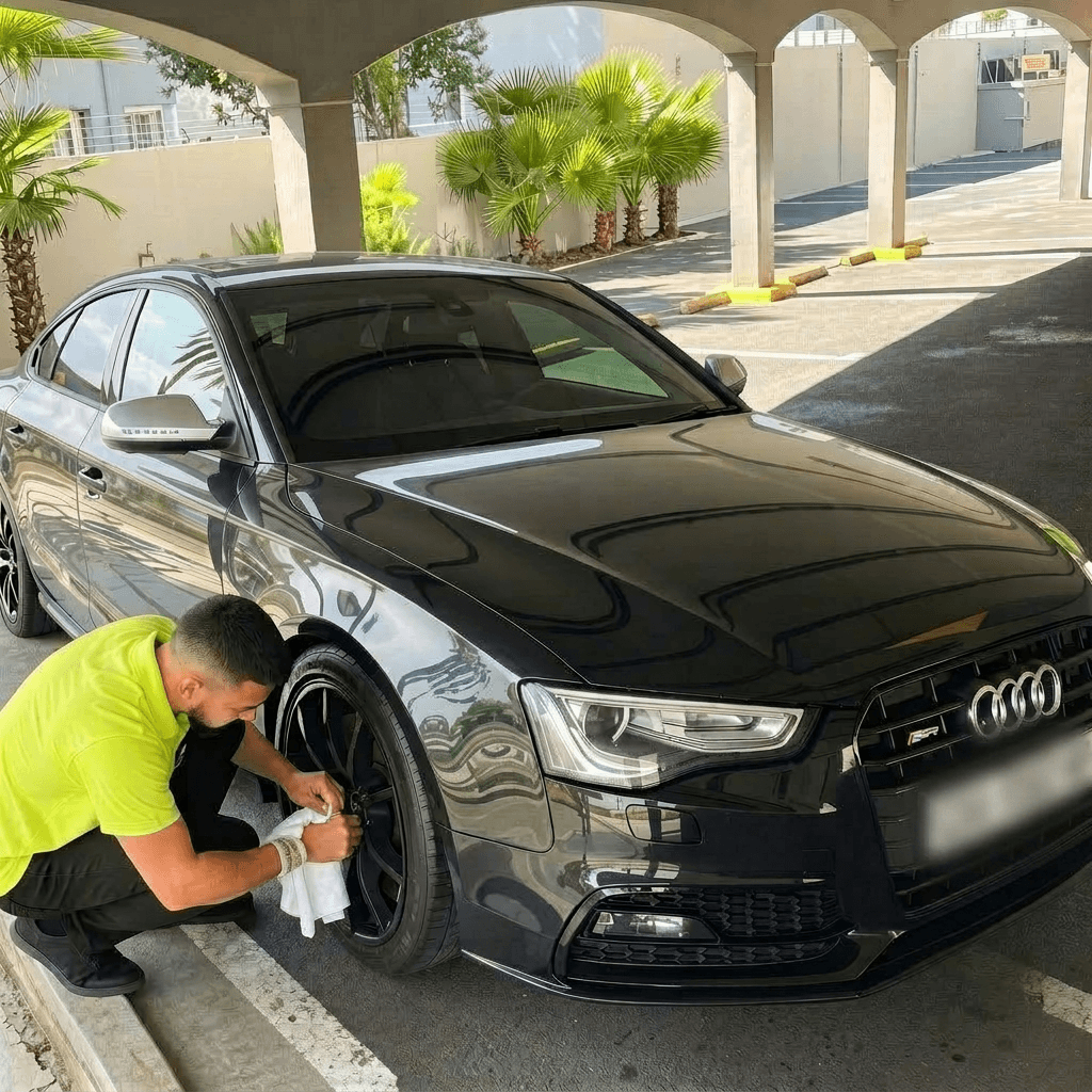 Man in neon shirt wipes the black rim of a polished dark grey Audi.