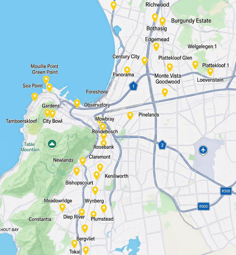 Cape Town city map showing numerous yellow location pins across various suburbs and landmarks.